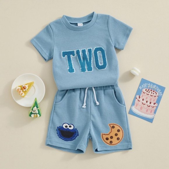 Boy Second Birthday Outfit Clothes Shirt Cookie Monster Shorts Sesame Street - Picture 2 of 3